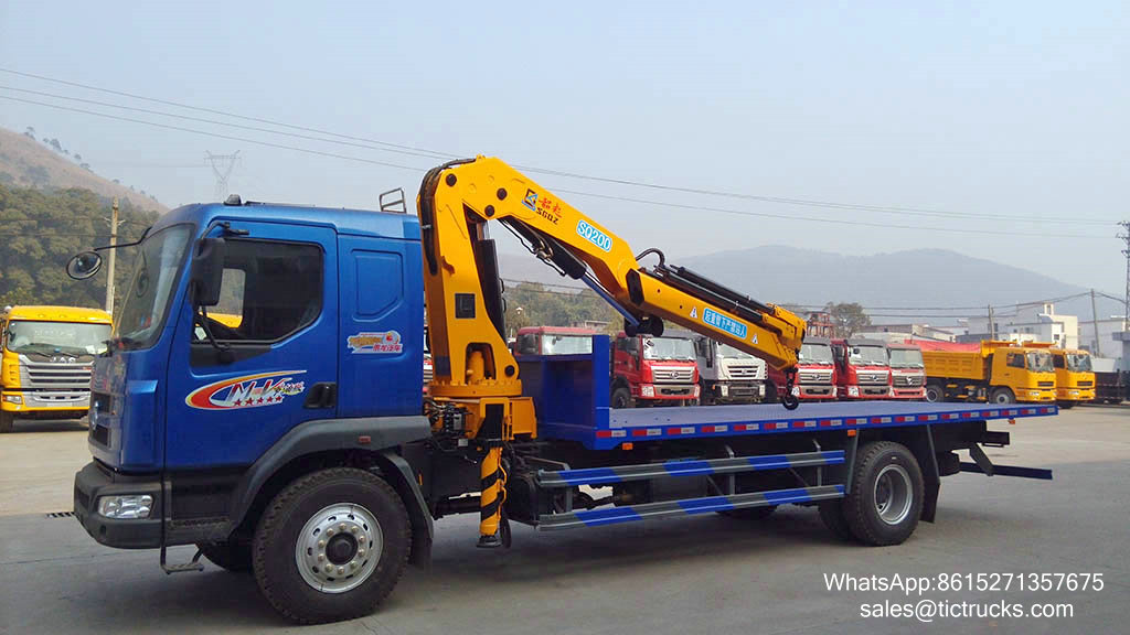 Dongfeng Flat Bed Truck Crane 10 Tons Crane Truck Knuckle Boom Euro 3, 6