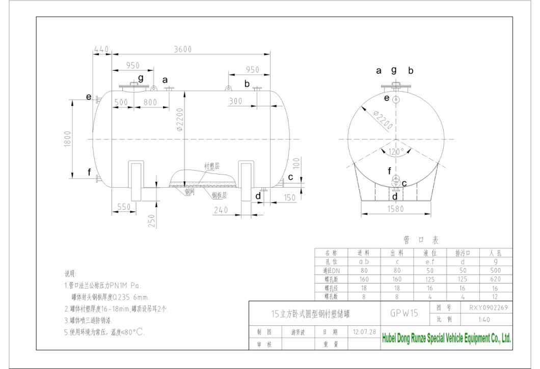 Customize Checmial Acid Storage Tank 100t (Steel Lined LLDPE Tank For Storage Bleach, Hydrochloric Acid, Ferric Chloride, Oilfield Chemicals, Corrosive Wastes)