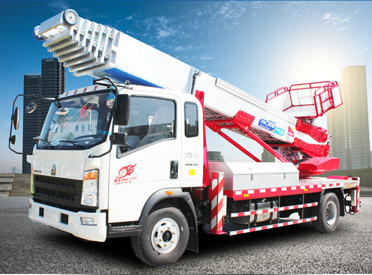 HOWO Truck Mounted Telescopic Ladder Truck for House Building Goods Lift and Download (House Furniture Moving Hydraulic 28 M Aerial Platform Ladder)