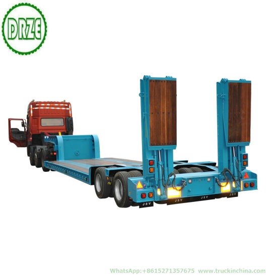 Customized 2 Axle Hydraulic Lifting Platform Lowbed Semi Trailer with Hydraulic Steering Axle Hydraulic Loading Ramp