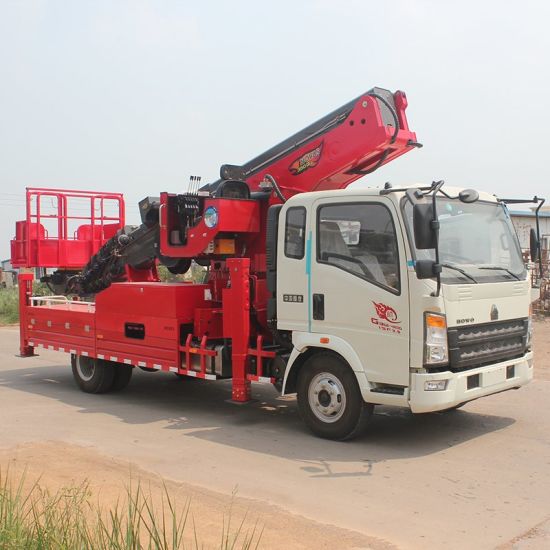 HOWO Truck Mounted Telescopic Ladder Truck for House Building Goods Lift and Download (House Furniture Moving Hydraulic 28 M Aerial Platform Ladder)