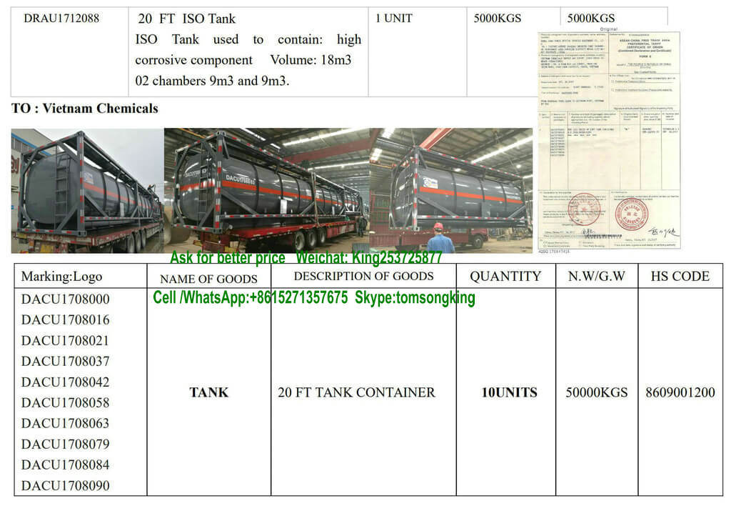 20FT ISO Tank Containers with Pipe Bottom Loading Hydrochloric Acid, Sodium Hypochlorite