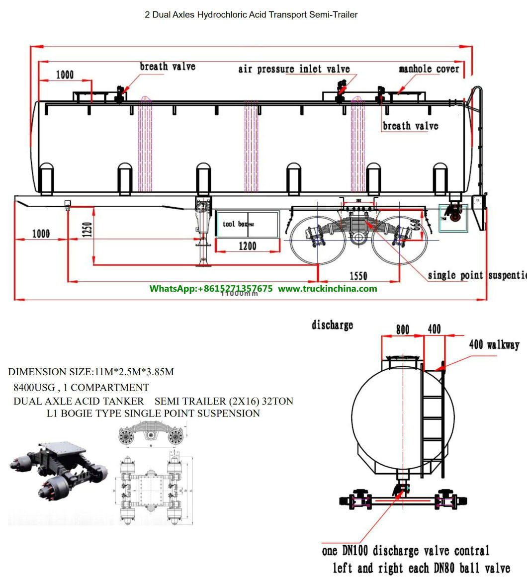 2 Axles Dilute Sulfuric Acid Tank Trailer Dangerous Acid Tank Trailer (DUAL AXLE ACID TANKER SEMI TRAILER 32T Bogie type suspension)