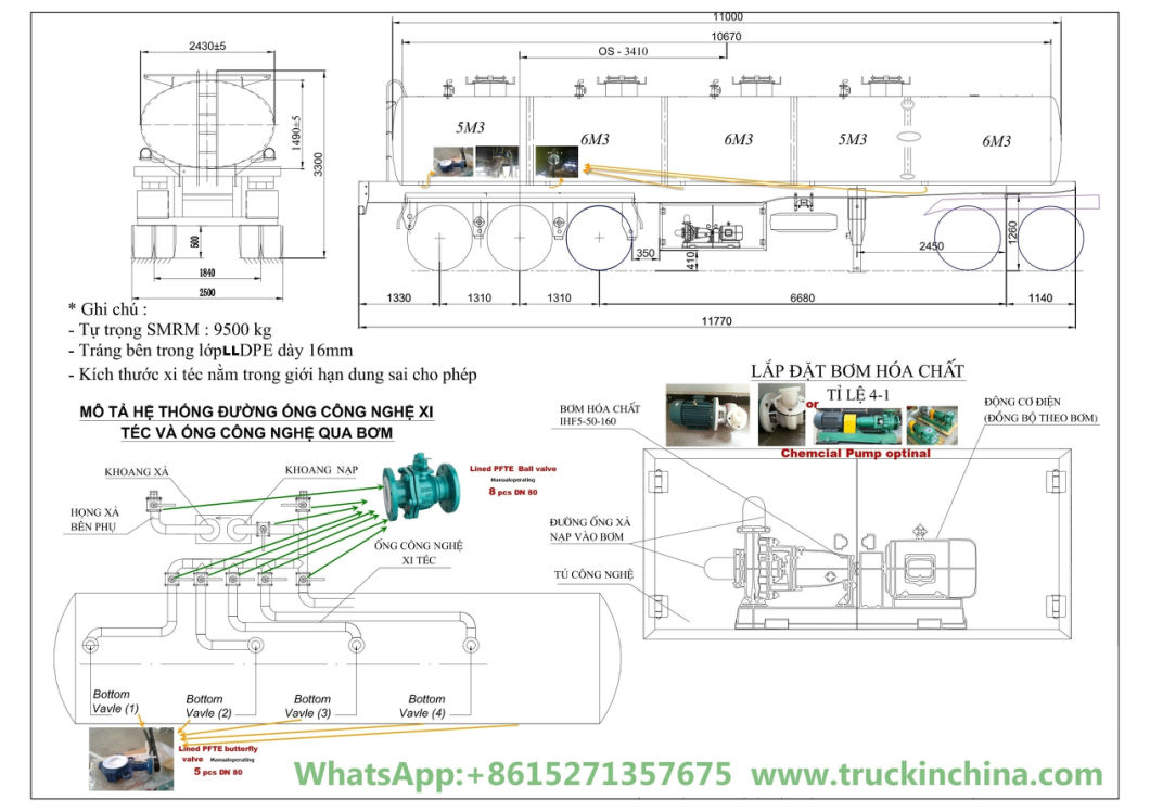 4 Compartments Hydrochloric Acid Tanker (3 Axles 19m3-30m3-5000USG-8000USD-Steel Lined LLDPE Tank For Transport HCl,NaOH , NaCLO,PAC,H2SO4 ,HF,H3PO4 Chemical)
