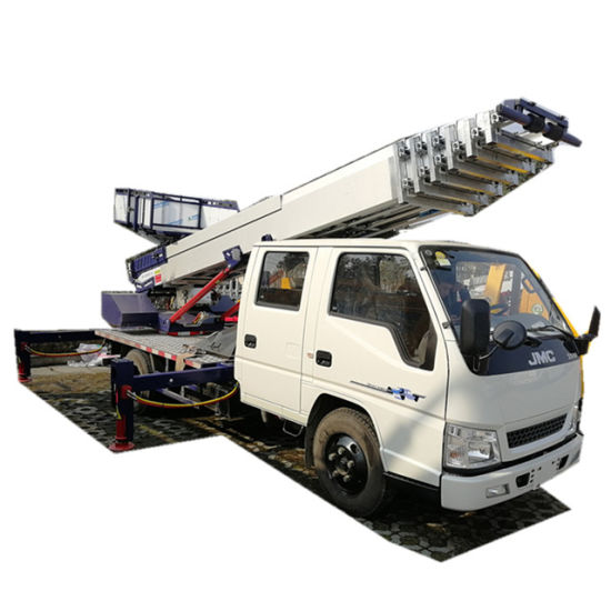 HOWO Truck Mounted Telescopic Ladder Truck for House Building Goods Lift and Download (House Furniture Moving Hydraulic 28 M Aerial Platform Ladder)