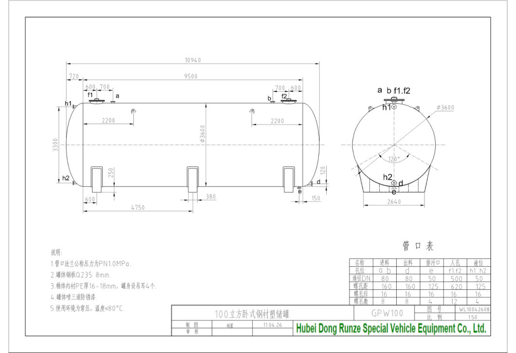 Customize Checmial Acid Storage Tank 100t (Steel Lined LLDPE Tank For Storage Bleach, Hydrochloric Acid, Ferric Chloride, Oilfield Chemicals, Corrosive Wastes)