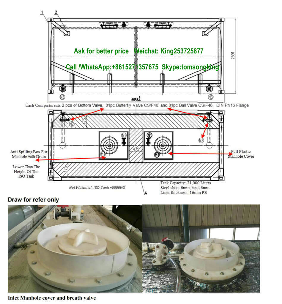20FT ISO Tank Containers with Pipe Bottom Loading Hydrochloric Acid, Sodium Hypochlorite