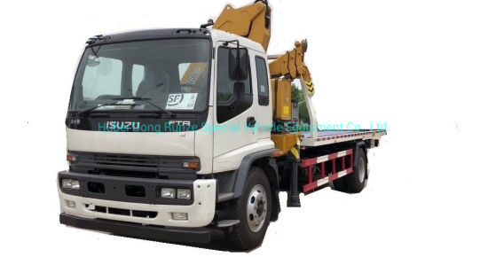 Japan. Brand I. S. U. Z. U Recovery Truck Mounted with Knuckle 5 Ton Crane and Roll Back Flatbed Wrecker Euro 5.6. Engine