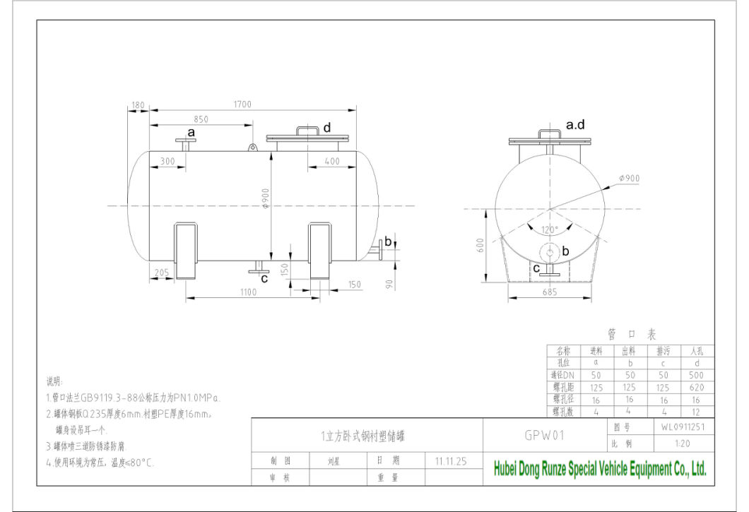 Chemical Storage Tank Customize 1000L -25000L (Vertical / Horizontal Acid Storage Tank Steel Lined LLDPE)