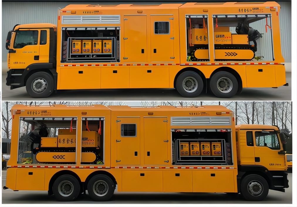 Large flow water drainage emergency vehicle with drainage robot