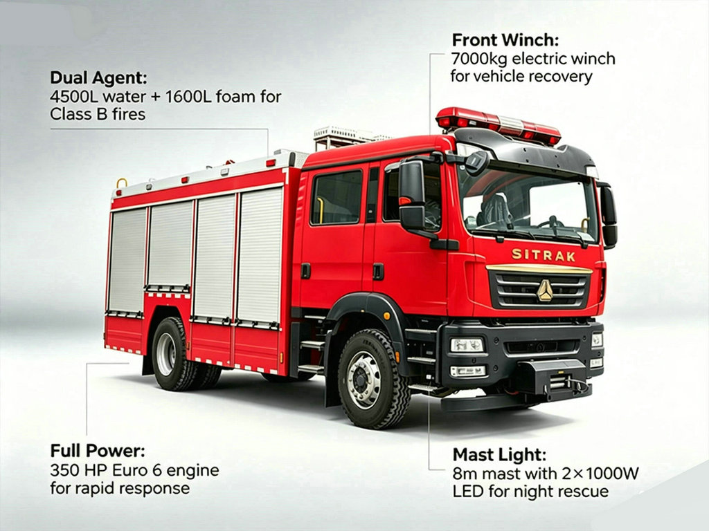 HOWO SITRAK Emergency Lighting Rescue Fire Truck 4500L water + 1600L foam (22)